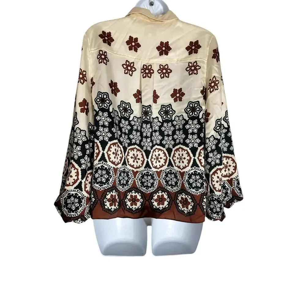 Tanya Taylor Marina Baloon Sleeve Silky Blouse Boho Luxe Resort Button Front XS